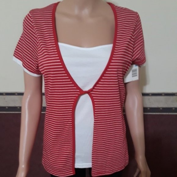 BASIC EDITION RED WHITE STRIPE OVER WHITE CAMI IN FRONT TOP SIZE S NWT - Picture 1 of 3